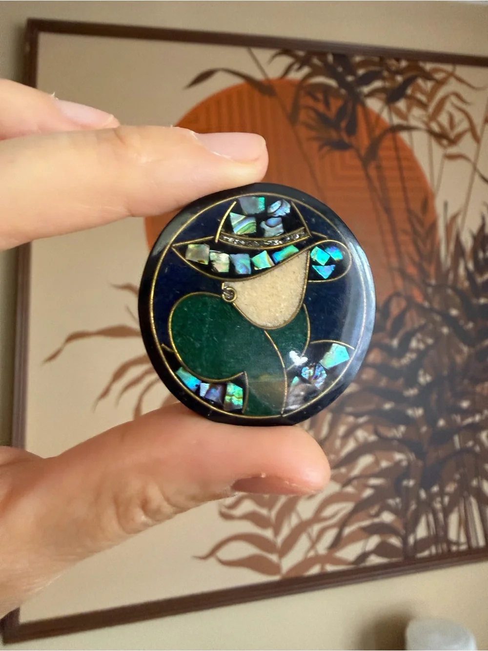 VTG Lee Sands Mosaic Inlay Lady in Hat Brooch Abalone Shell Art Deco Style Pin